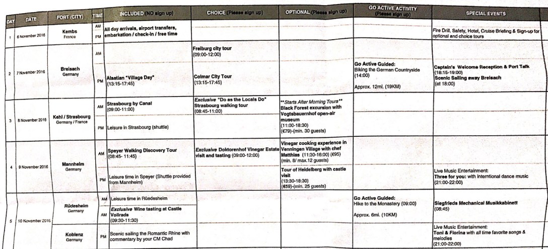 在登船那晚的餐前 Briefing 會收到一張像這樣的活動總表